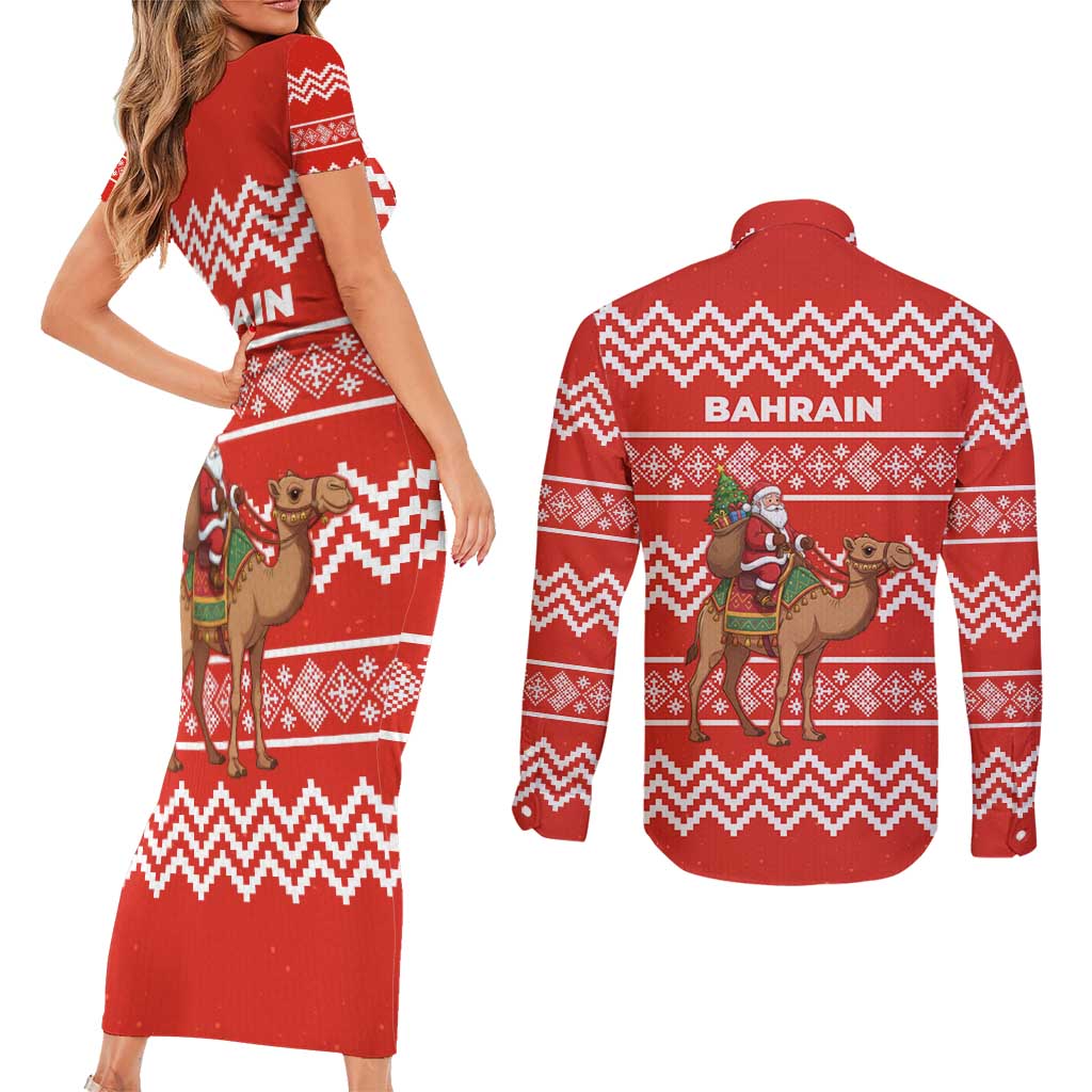 Bahrain Christmas Couples Matching Short Sleeve Bodycon Dress and Long Sleeve Button Shirt with Santa Riding Camel Red Geometric Pattern and Festive Design - Wonder Print Shop