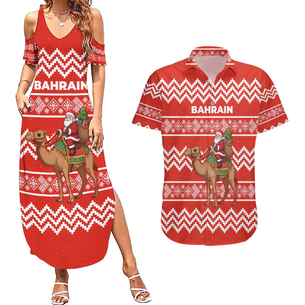 Bahrain Christmas Couples Matching Summer Maxi Dress and Hawaiian Shirt with Santa Riding Camel Red Geometric Pattern and Festive Design - Wonder Print Shop