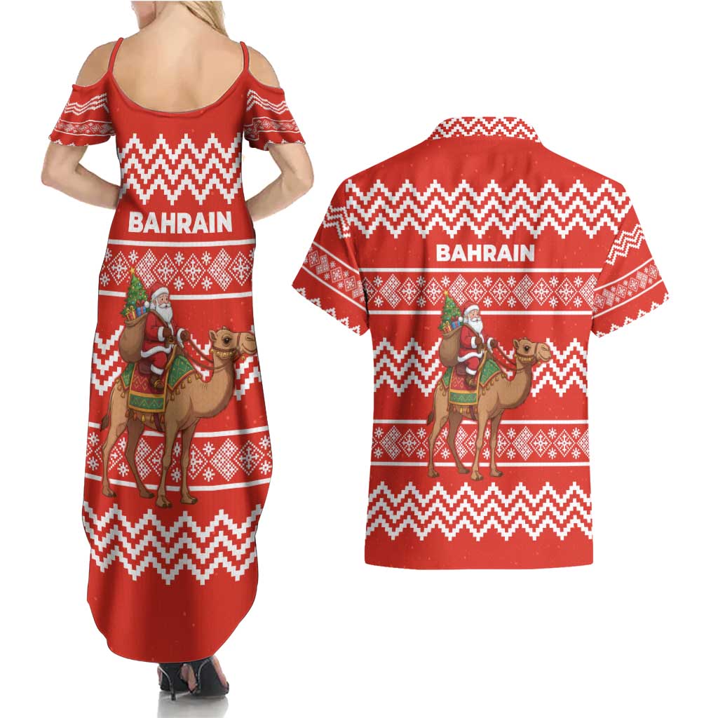 Bahrain Christmas Couples Matching Summer Maxi Dress and Hawaiian Shirt with Santa Riding Camel Red Geometric Pattern and Festive Design - Wonder Print Shop