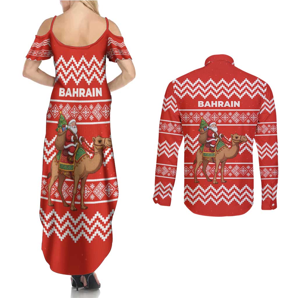 Bahrain Christmas Couples Matching Summer Maxi Dress and Long Sleeve Button Shirt with Santa Riding Camel Red Geometric Pattern and Festive Design - Wonder Print Shop