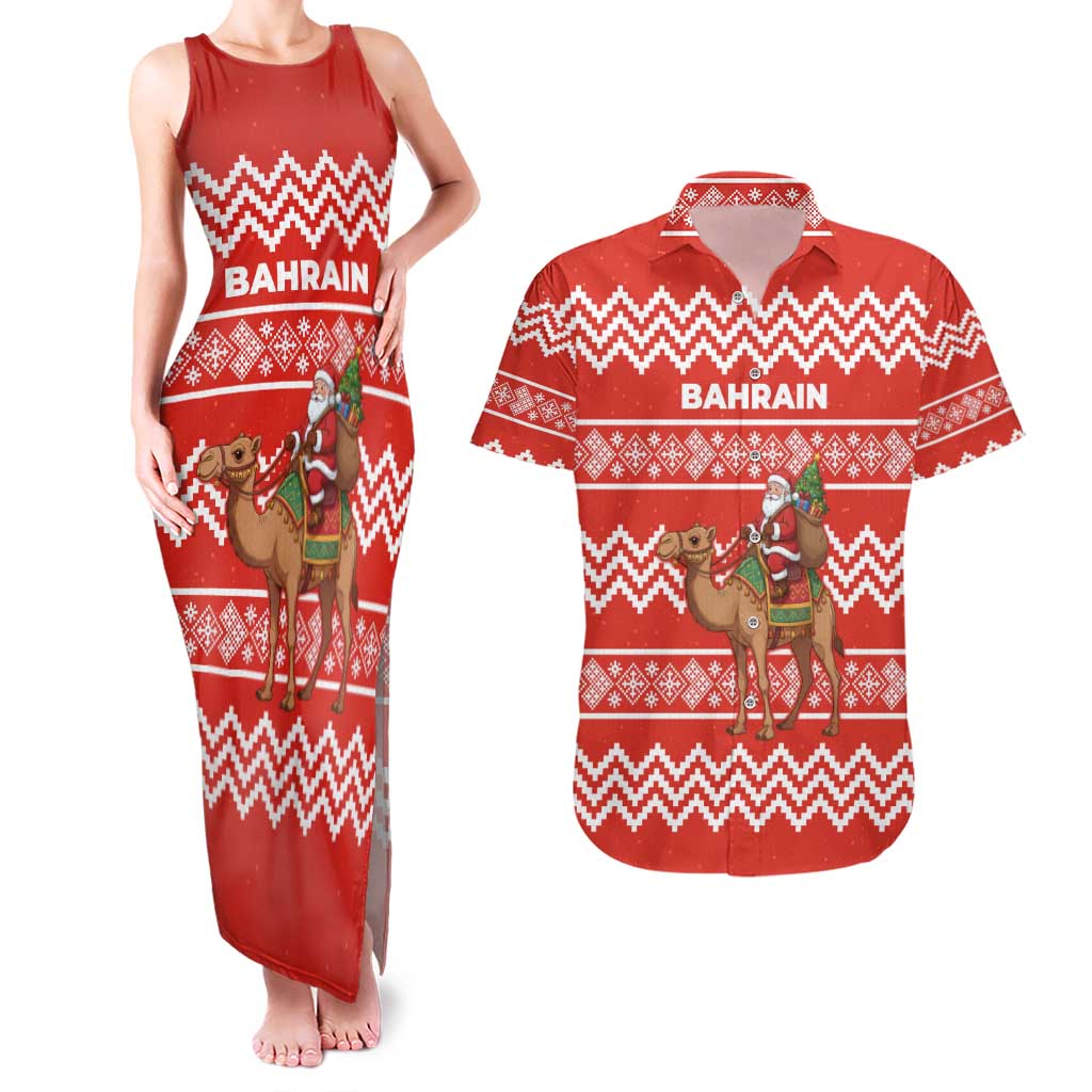 Bahrain Christmas Couples Matching Tank Maxi Dress and Hawaiian Shirt with Santa Riding Camel Red Geometric Pattern and Festive Design - Wonder Print Shop