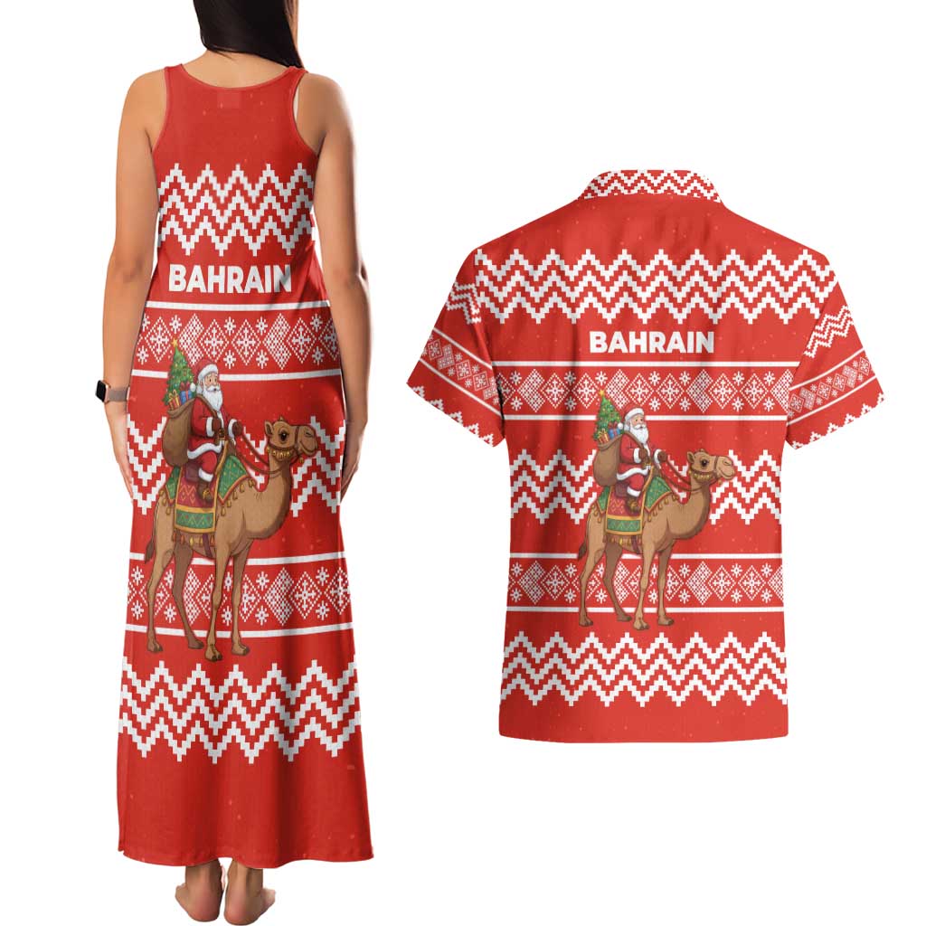 Bahrain Christmas Couples Matching Tank Maxi Dress and Hawaiian Shirt with Santa Riding Camel Red Geometric Pattern and Festive Design - Wonder Print Shop