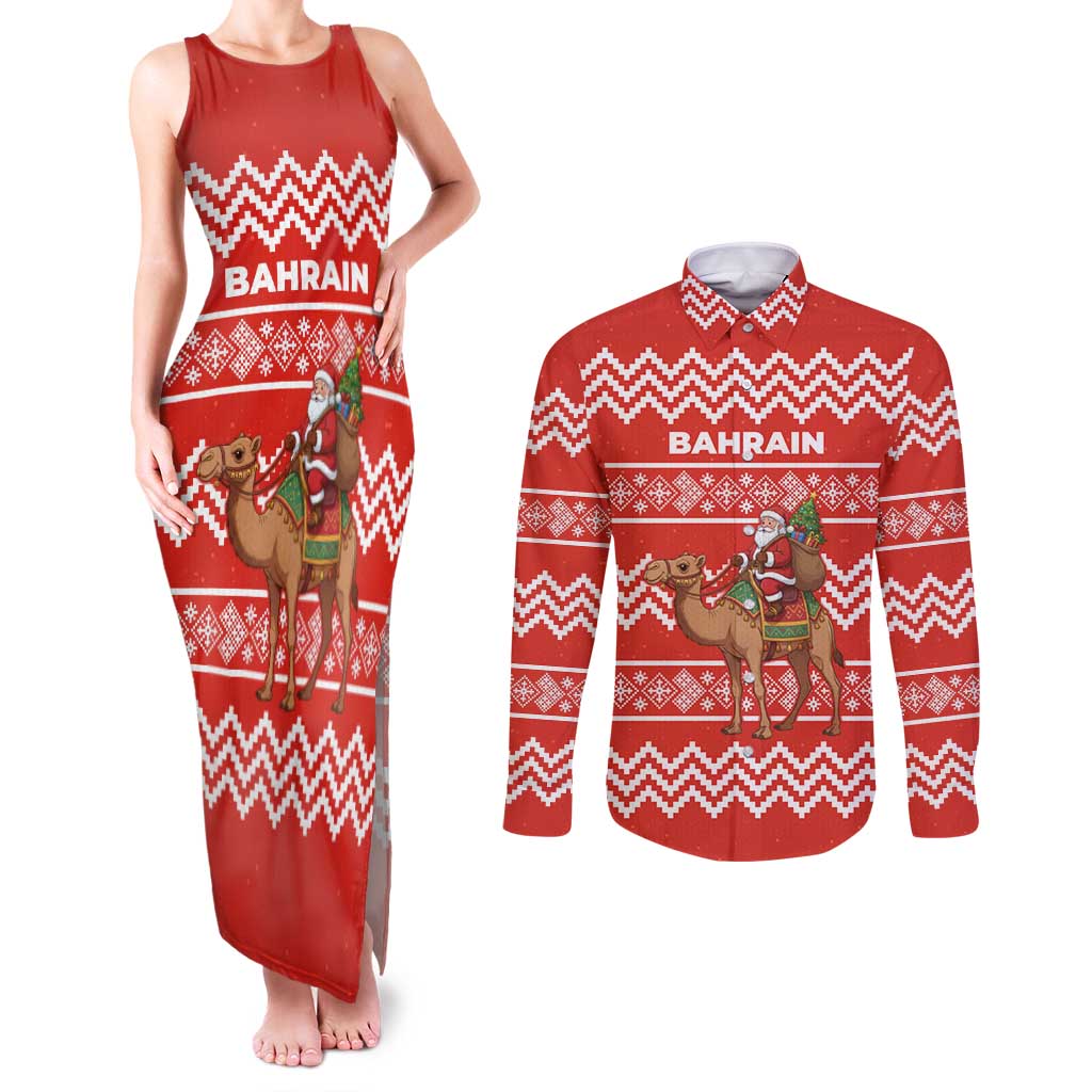Bahrain Christmas Couples Matching Tank Maxi Dress and Long Sleeve Button Shirt with Santa Riding Camel Red Geometric Pattern and Festive Design - Wonder Print Shop