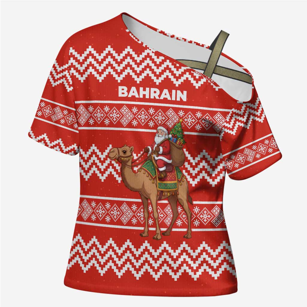 Bahrain Christmas Cross Shoulder Shirt with Santa Riding Camel Red Geometric Pattern and Festive Design - Wonder Print Shop