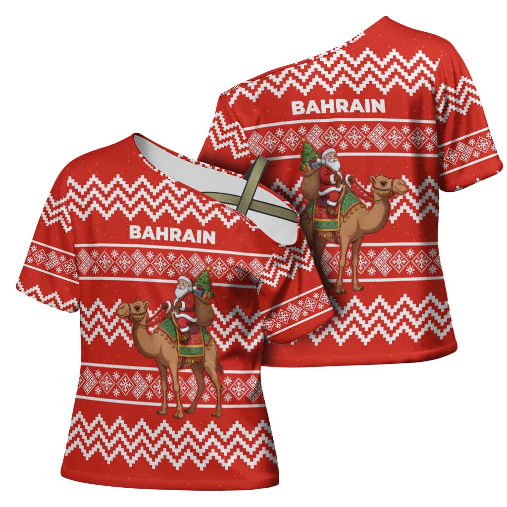 Bahrain Christmas Cross Shoulder Shirt with Santa Riding Camel Red Geometric Pattern and Festive Design - Wonder Print Shop