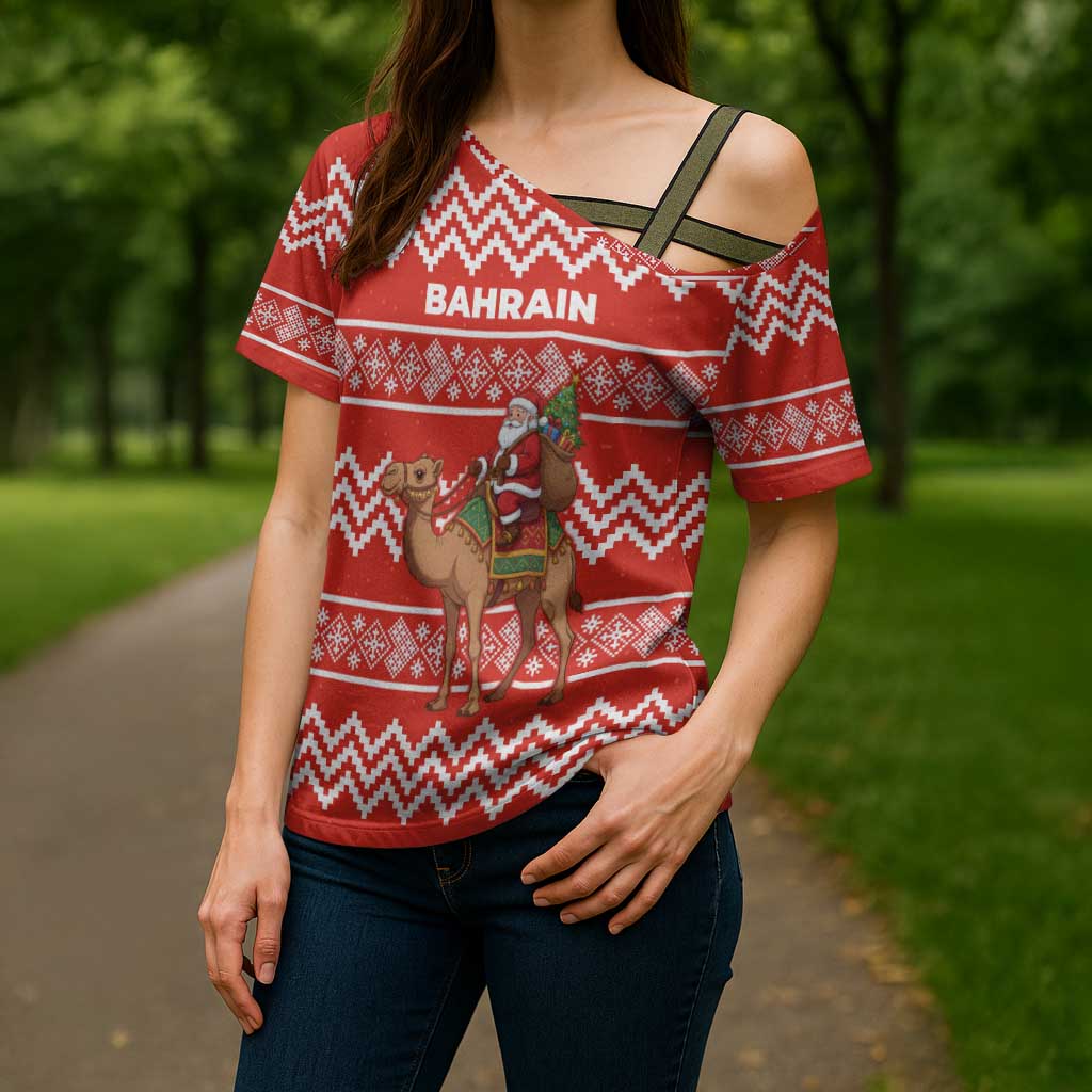 Bahrain Christmas Cross Shoulder Shirt with Santa Riding Camel Red Geometric Pattern and Festive Design - Wonder Print Shop