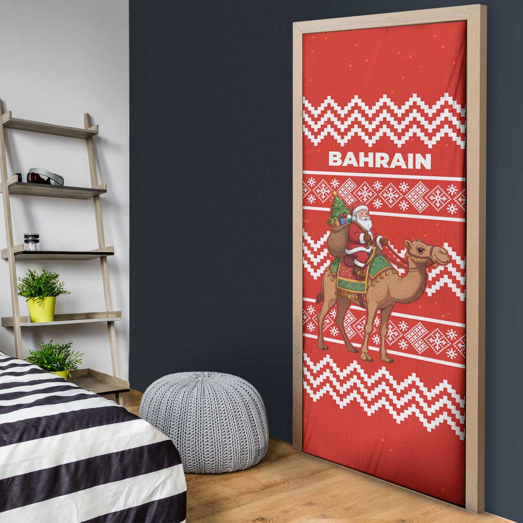 Bahrain Christmas Door Cover with Santa Riding Camel Red Geometric Pattern and Festive Design - Wonder Print Shop