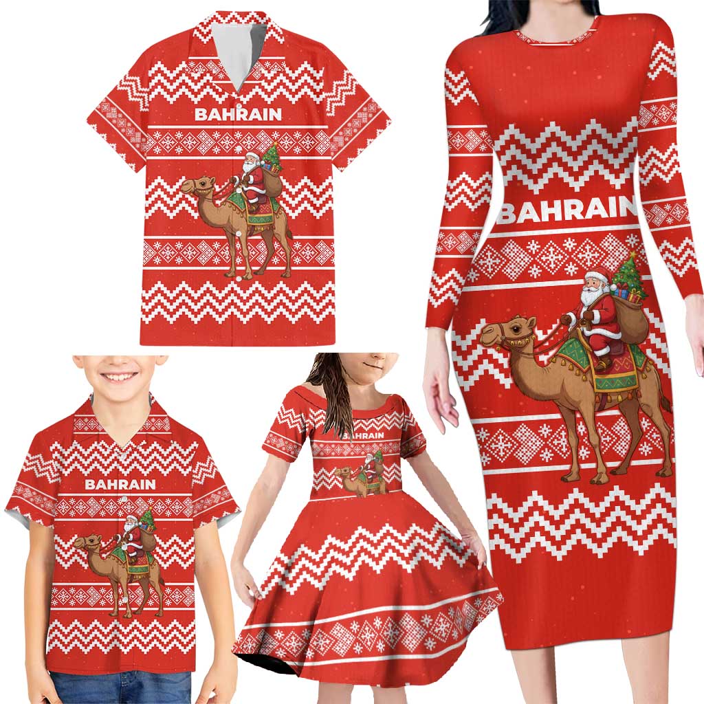 Bahrain Christmas Family Matching Long Sleeve Bodycon Dress and Hawaiian Shirt with Santa Riding Camel Red Geometric Pattern and Festive Design - Wonder Print Shop