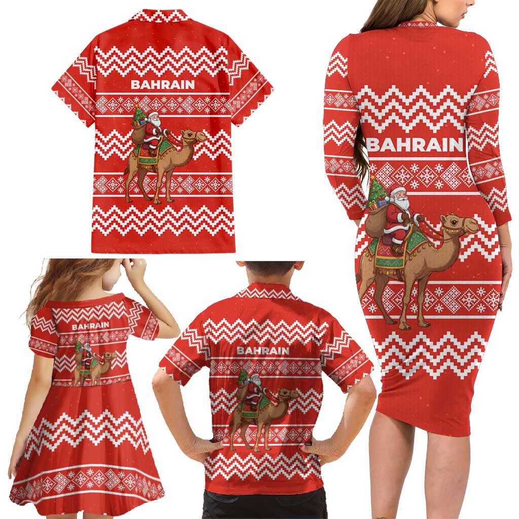 Bahrain Christmas Family Matching Long Sleeve Bodycon Dress and Hawaiian Shirt with Santa Riding Camel Red Geometric Pattern and Festive Design - Wonder Print Shop