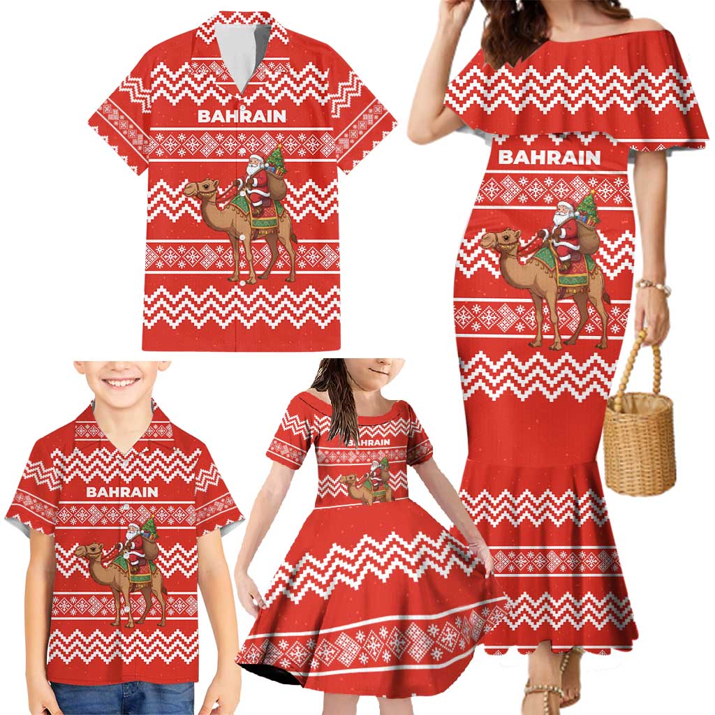 Bahrain Christmas Family Matching Mermaid Dress and Hawaiian Shirt with Santa Riding Camel Red Geometric Pattern and Festive Design - Wonder Print Shop