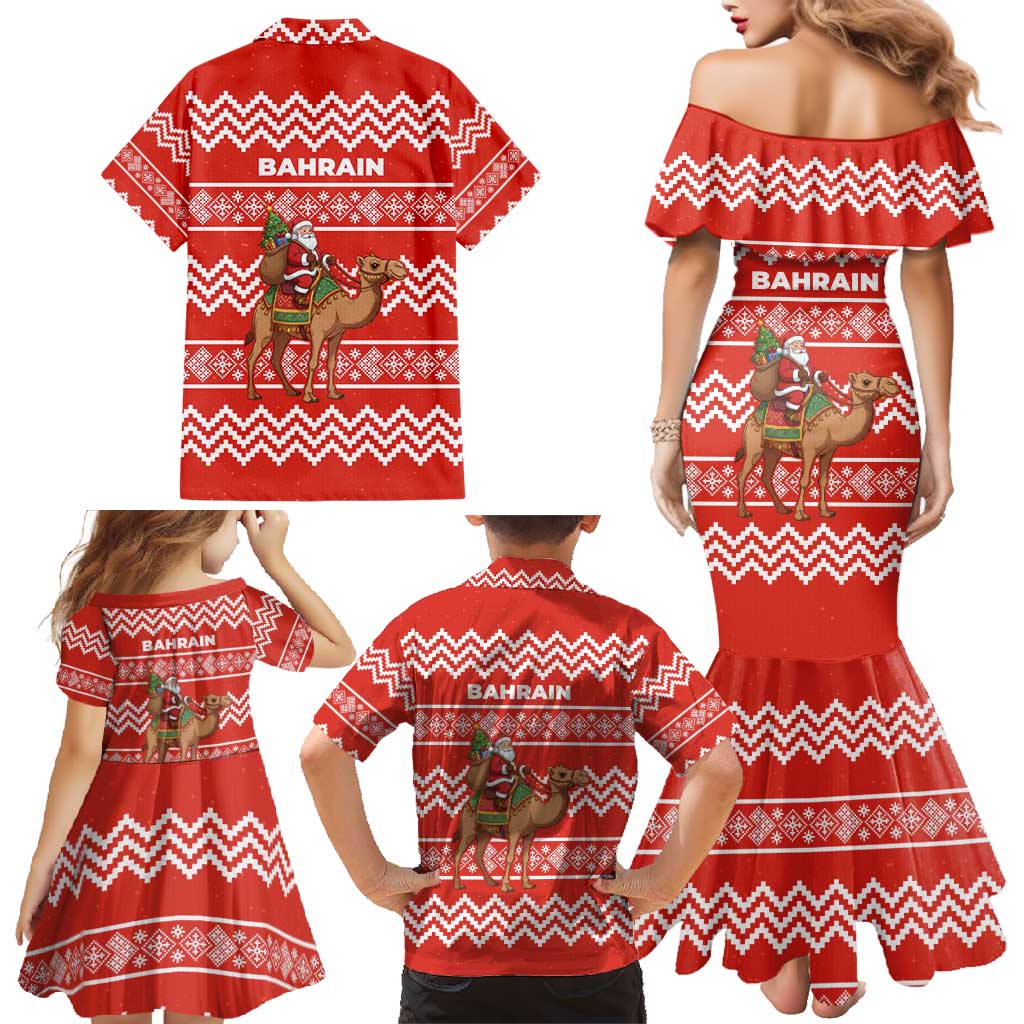 Bahrain Christmas Family Matching Mermaid Dress and Hawaiian Shirt with Santa Riding Camel Red Geometric Pattern and Festive Design - Wonder Print Shop