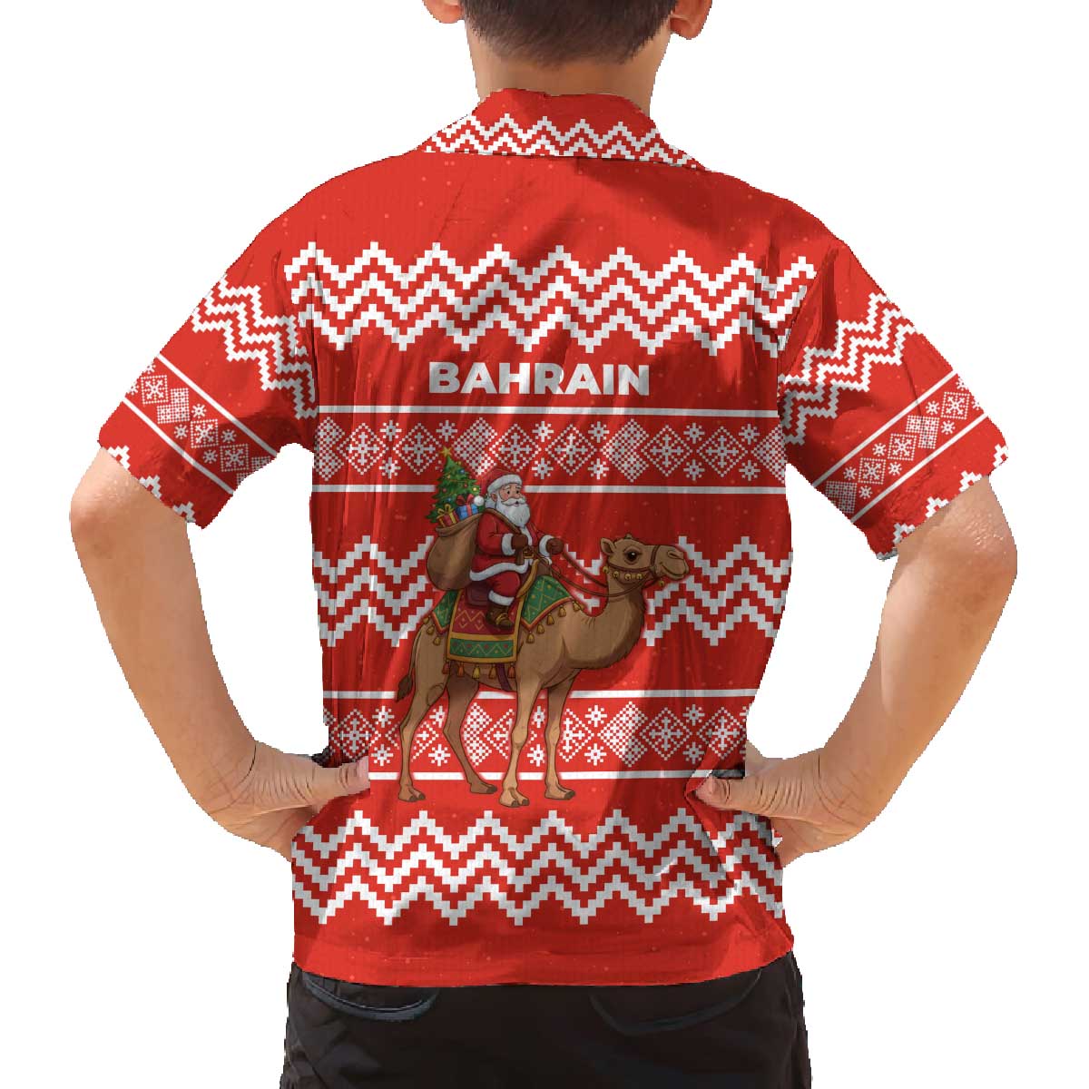Bahrain Christmas Family Matching Off The Shoulder Long Sleeve Dress and Hawaiian Shirt with Santa Riding Camel Red Geometric Pattern and Festive Design - Wonder Print Shop