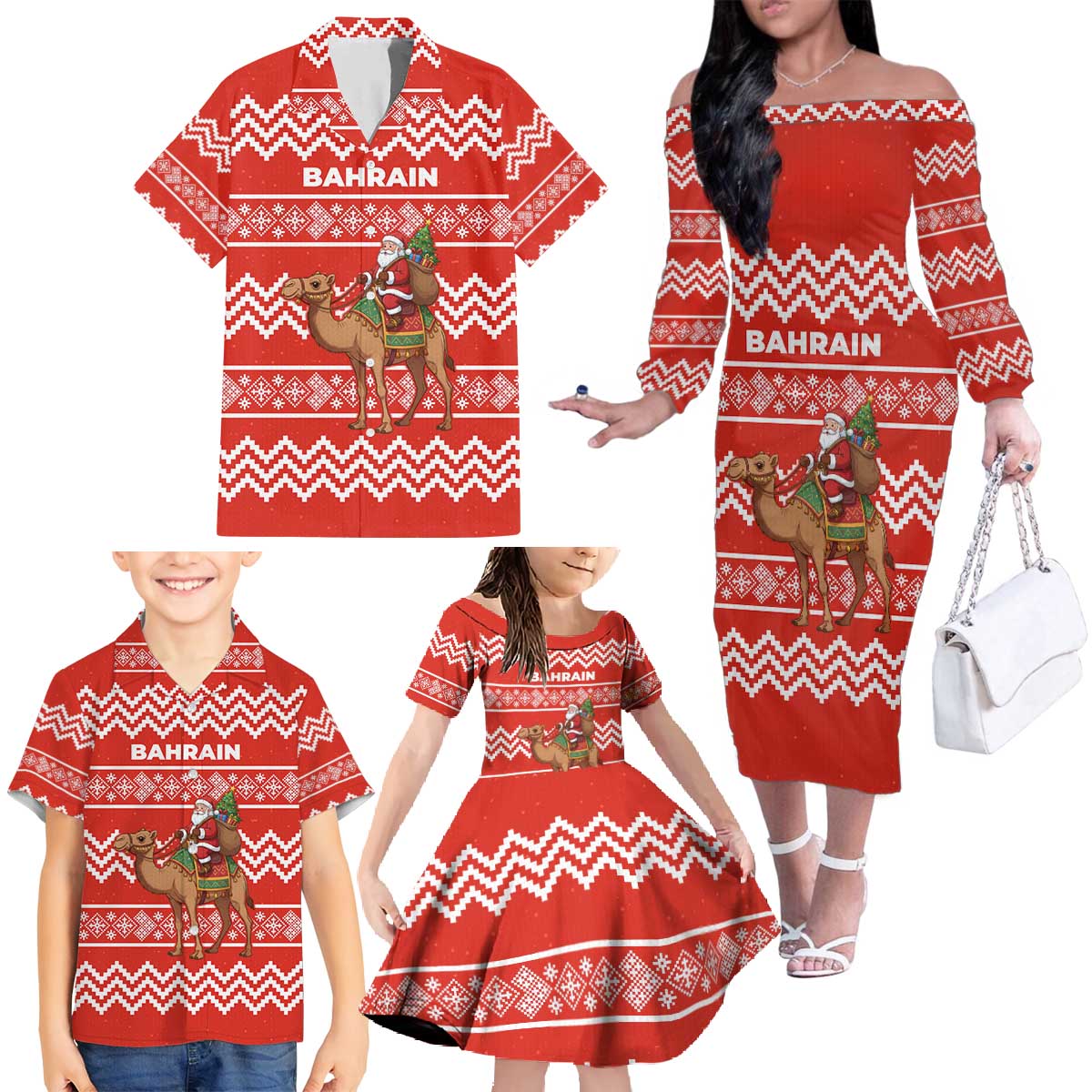 Bahrain Christmas Family Matching Off The Shoulder Long Sleeve Dress and Hawaiian Shirt with Santa Riding Camel Red Geometric Pattern and Festive Design - Wonder Print Shop