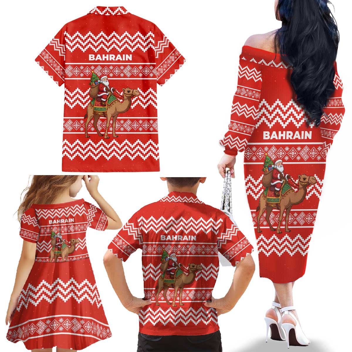 Bahrain Christmas Family Matching Off The Shoulder Long Sleeve Dress and Hawaiian Shirt with Santa Riding Camel Red Geometric Pattern and Festive Design - Wonder Print Shop