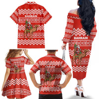 Bahrain Christmas Family Matching Off The Shoulder Long Sleeve Dress and Hawaiian Shirt with Santa Riding Camel Red Geometric Pattern and Festive Design - Wonder Print Shop