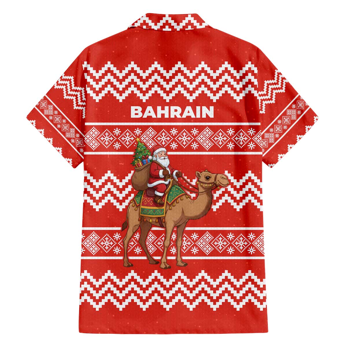 Bahrain Christmas Family Matching Off The Shoulder Long Sleeve Dress and Hawaiian Shirt with Santa Riding Camel Red Geometric Pattern and Festive Design - Wonder Print Shop