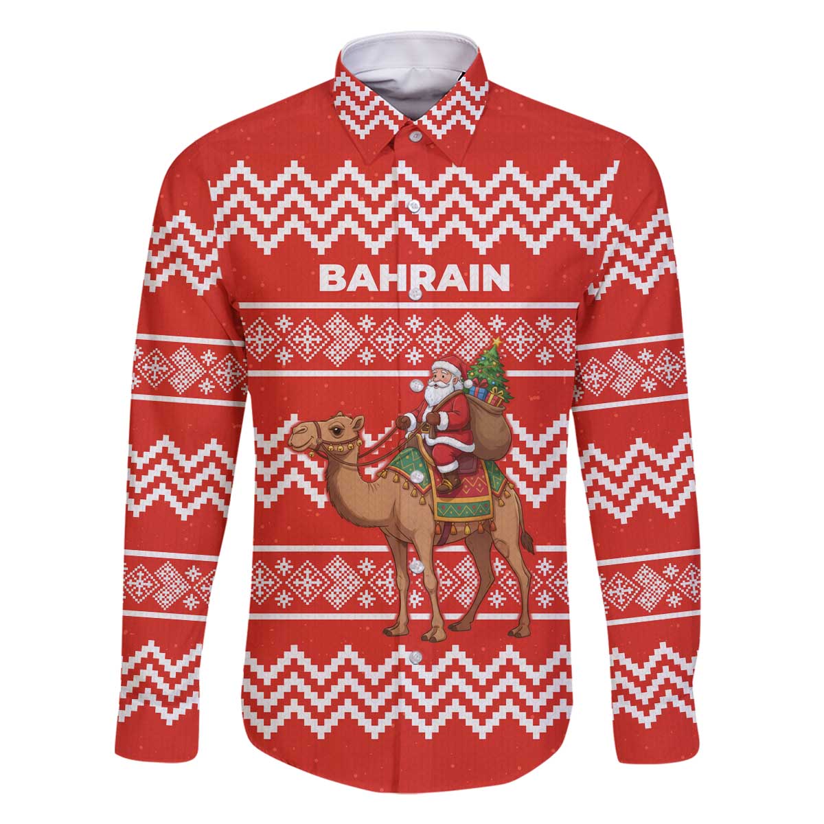 Bahrain Christmas Family Matching Off The Shoulder Long Sleeve Dress and Hawaiian Shirt with Santa Riding Camel Red Geometric Pattern and Festive Design - Wonder Print Shop