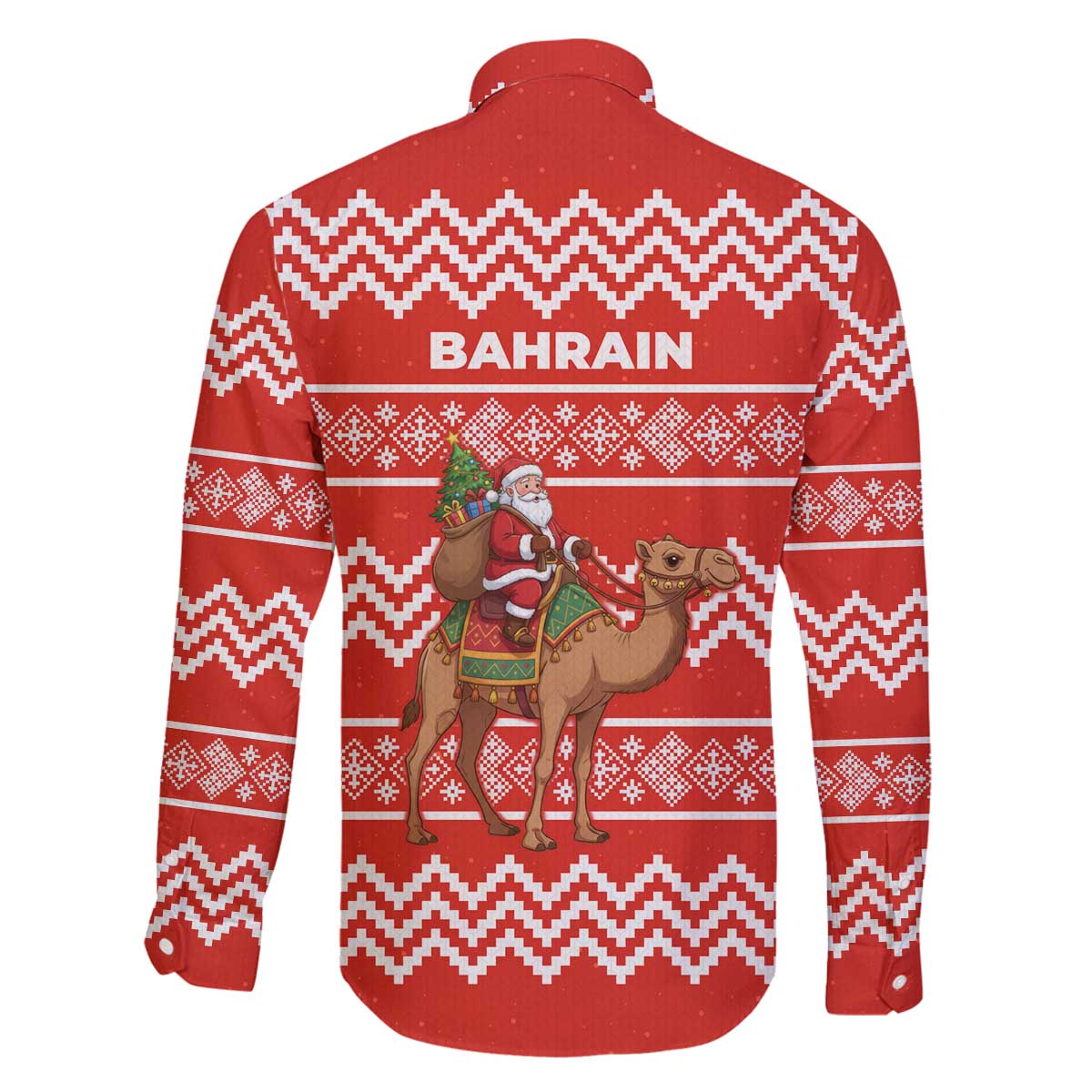 Bahrain Christmas Family Matching Off The Shoulder Long Sleeve Dress and Hawaiian Shirt with Santa Riding Camel Red Geometric Pattern and Festive Design - Wonder Print Shop