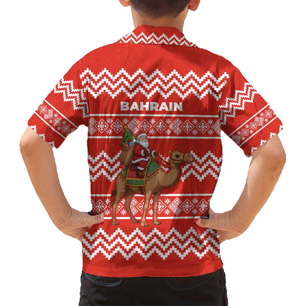 Bahrain Christmas Family Matching Off Shoulder Maxi Dress and Hawaiian Shirt with Santa Riding Camel Red Geometric Pattern and Festive Design - Wonder Print Shop