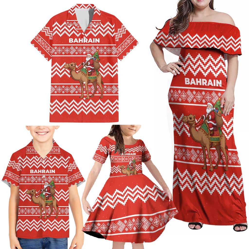 Bahrain Christmas Family Matching Off Shoulder Maxi Dress and Hawaiian Shirt with Santa Riding Camel Red Geometric Pattern and Festive Design - Wonder Print Shop