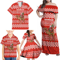 Bahrain Christmas Family Matching Off Shoulder Maxi Dress and Hawaiian Shirt with Santa Riding Camel Red Geometric Pattern and Festive Design - Wonder Print Shop