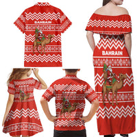 Bahrain Christmas Family Matching Off Shoulder Maxi Dress and Hawaiian Shirt with Santa Riding Camel Red Geometric Pattern and Festive Design - Wonder Print Shop