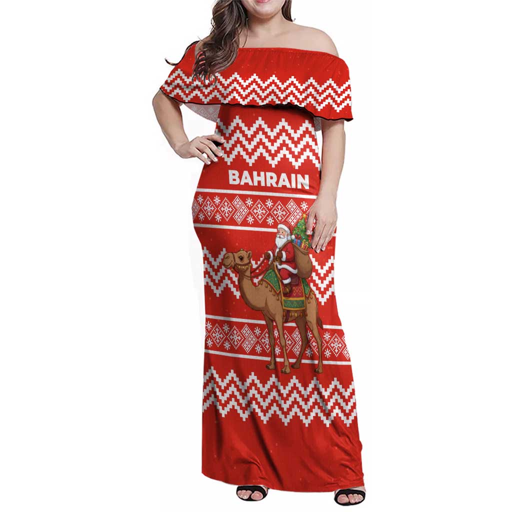 Bahrain Christmas Family Matching Off Shoulder Maxi Dress and Hawaiian Shirt with Santa Riding Camel Red Geometric Pattern and Festive Design - Wonder Print Shop