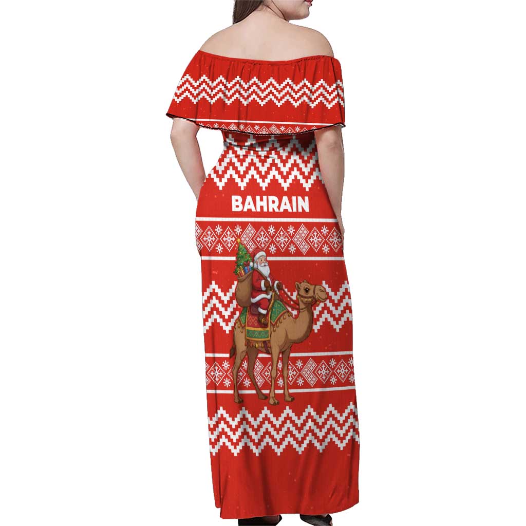 Bahrain Christmas Family Matching Off Shoulder Maxi Dress and Hawaiian Shirt with Santa Riding Camel Red Geometric Pattern and Festive Design - Wonder Print Shop
