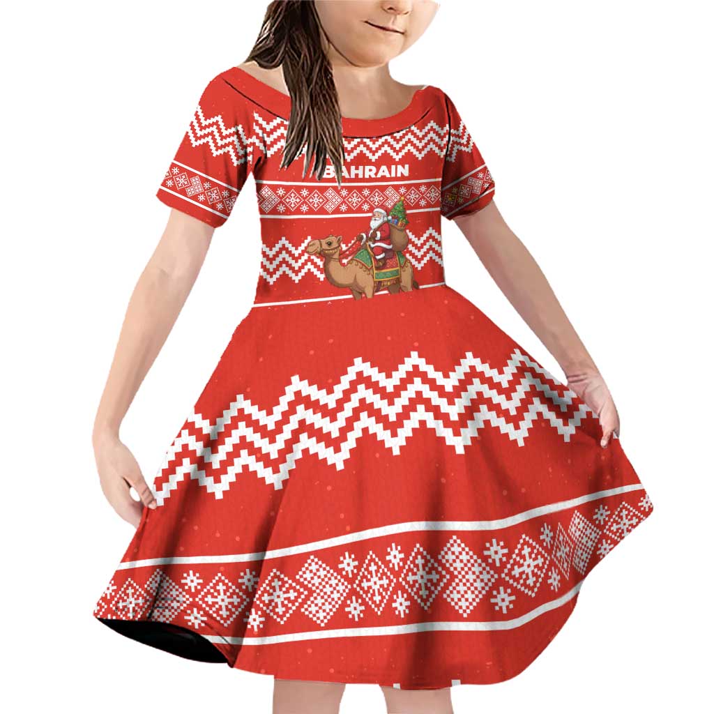 Bahrain Christmas Family Matching Off Shoulder Short Dress and Hawaiian Shirt with Santa Riding Camel Red Geometric Pattern and Festive Design - Wonder Print Shop