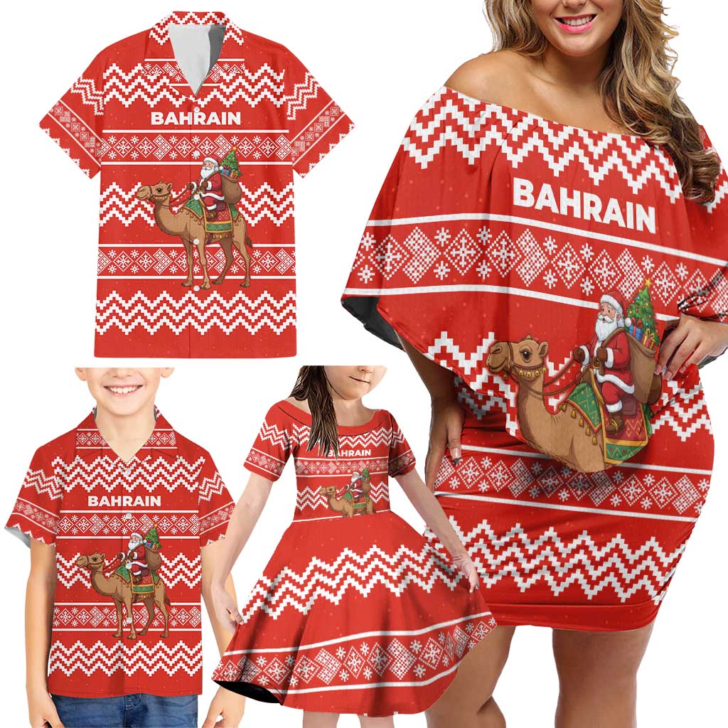 Bahrain Christmas Family Matching Off Shoulder Short Dress and Hawaiian Shirt with Santa Riding Camel Red Geometric Pattern and Festive Design - Wonder Print Shop