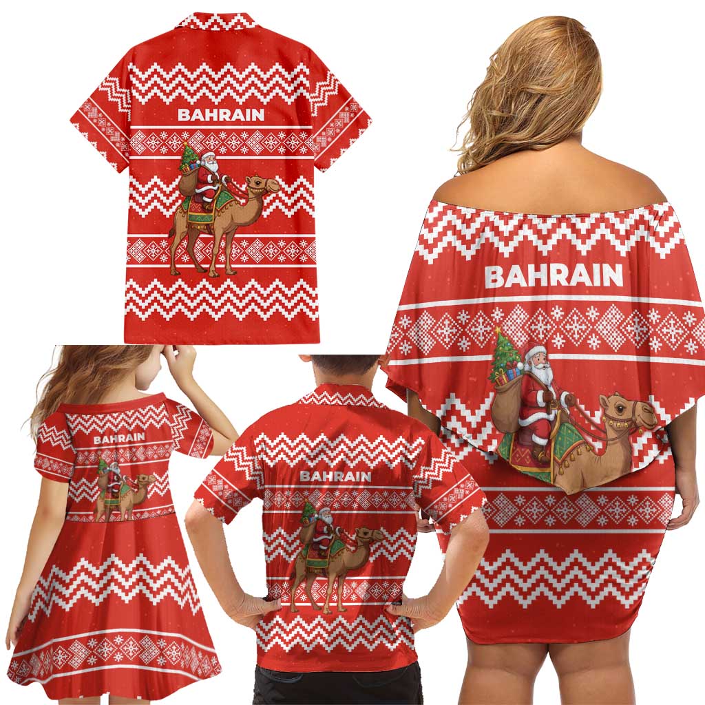 Bahrain Christmas Family Matching Off Shoulder Short Dress and Hawaiian Shirt with Santa Riding Camel Red Geometric Pattern and Festive Design - Wonder Print Shop