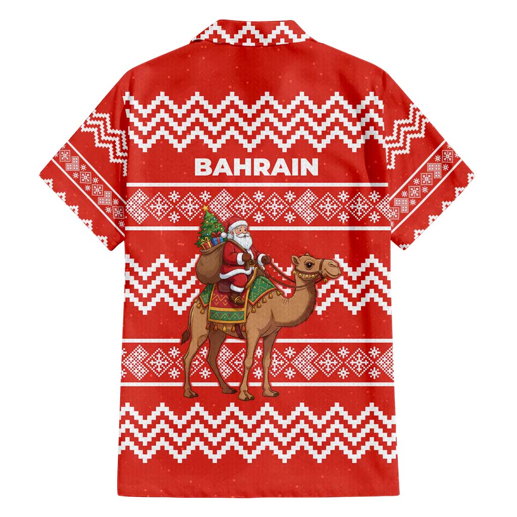 Bahrain Christmas Family Matching Off Shoulder Short Dress and Hawaiian Shirt with Santa Riding Camel Red Geometric Pattern and Festive Design - Wonder Print Shop