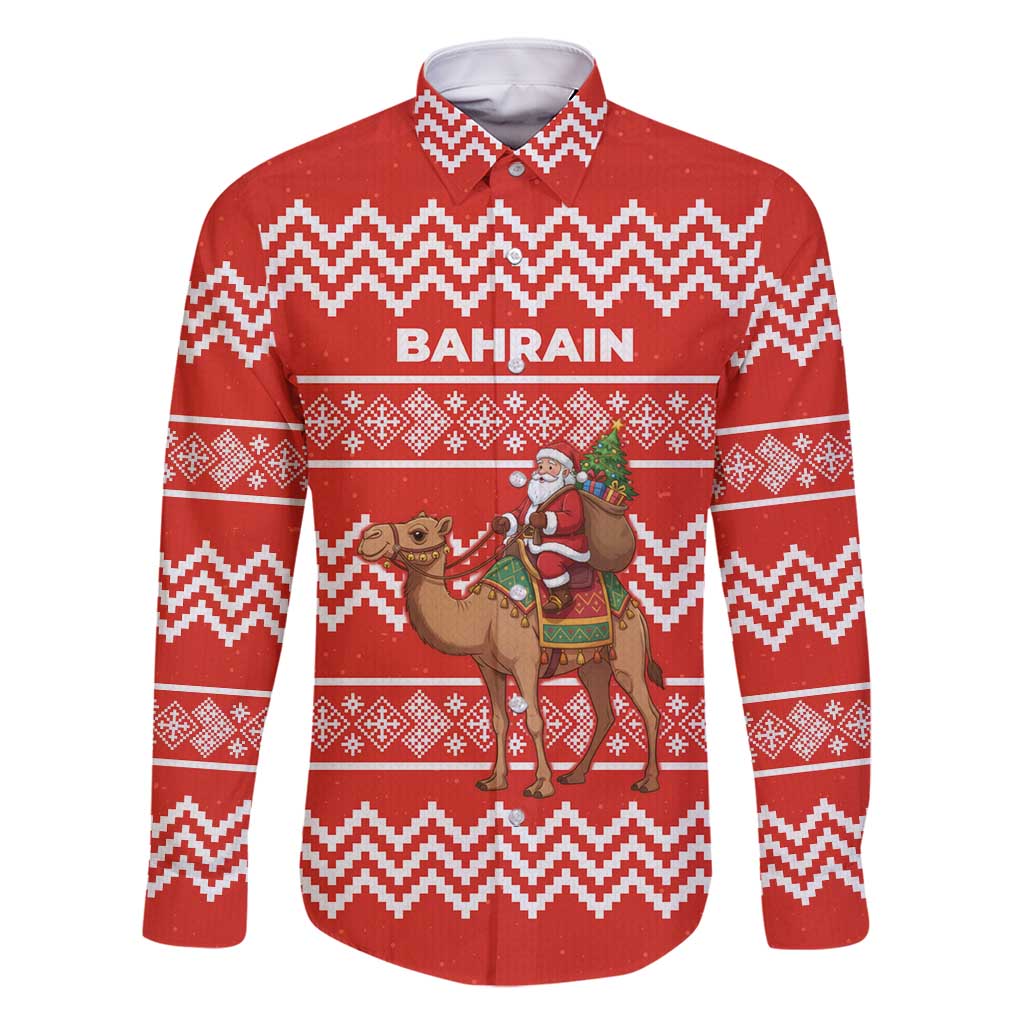 Bahrain Christmas Family Matching Off Shoulder Short Dress and Hawaiian Shirt with Santa Riding Camel Red Geometric Pattern and Festive Design - Wonder Print Shop