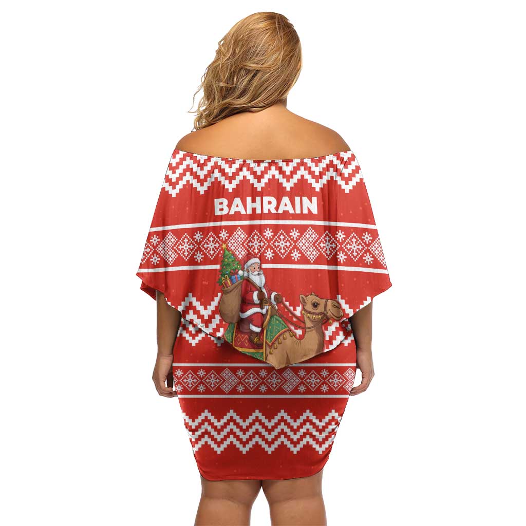 Bahrain Christmas Family Matching Off Shoulder Short Dress and Hawaiian Shirt with Santa Riding Camel Red Geometric Pattern and Festive Design - Wonder Print Shop