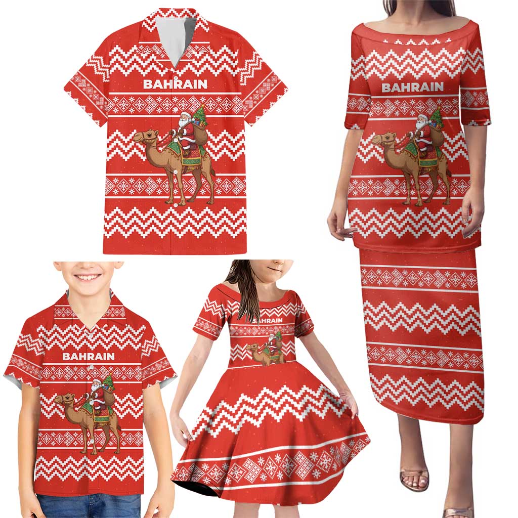 Bahrain Christmas Family Matching Puletasi and Hawaiian Shirt with Santa Riding Camel Red Geometric Pattern and Festive Design - Wonder Print Shop