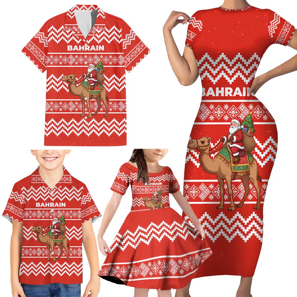 Bahrain Christmas Family Matching Short Sleeve Bodycon Dress and Hawaiian Shirt with Santa Riding Camel Red Geometric Pattern and Festive Design - Wonder Print Shop