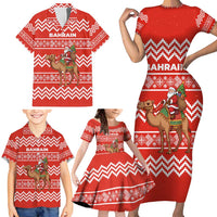 Bahrain Christmas Family Matching Short Sleeve Bodycon Dress and Hawaiian Shirt with Santa Riding Camel Red Geometric Pattern and Festive Design - Wonder Print Shop