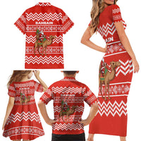 Bahrain Christmas Family Matching Short Sleeve Bodycon Dress and Hawaiian Shirt with Santa Riding Camel Red Geometric Pattern and Festive Design - Wonder Print Shop