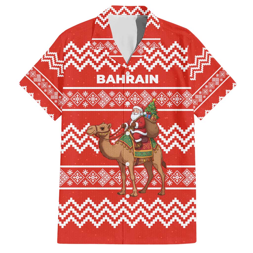 Bahrain Christmas Family Matching Short Sleeve Bodycon Dress and Hawaiian Shirt with Santa Riding Camel Red Geometric Pattern and Festive Design - Wonder Print Shop