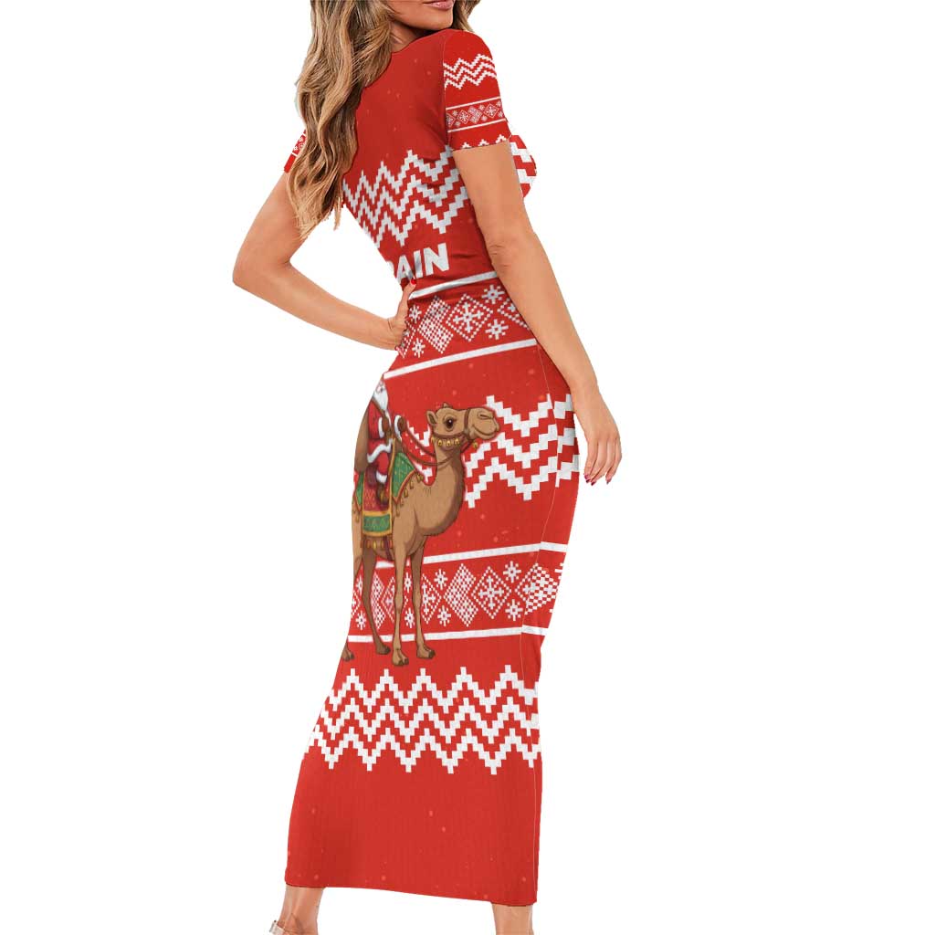 Bahrain Christmas Family Matching Short Sleeve Bodycon Dress and Hawaiian Shirt with Santa Riding Camel Red Geometric Pattern and Festive Design - Wonder Print Shop