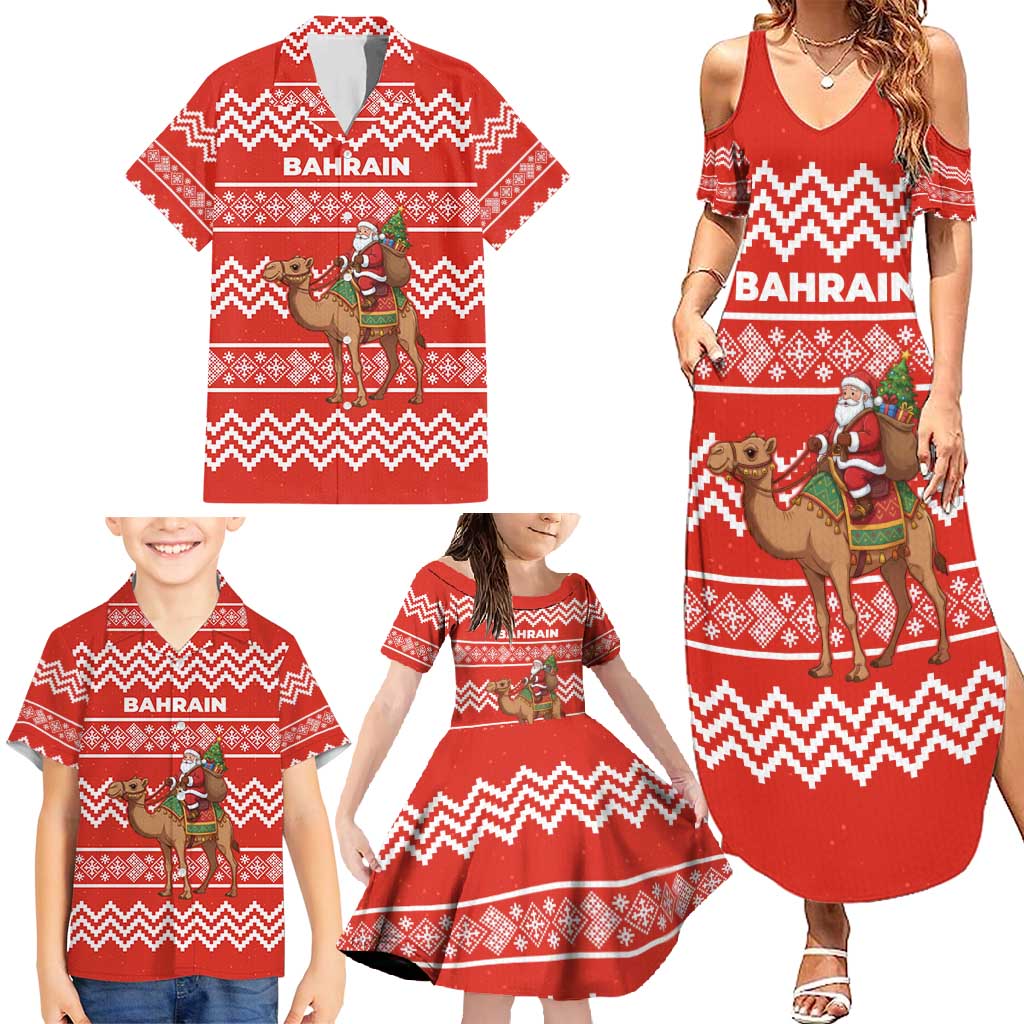 Bahrain Christmas Family Matching Summer Maxi Dress and Hawaiian Shirt with Santa Riding Camel Red Geometric Pattern and Festive Design - Wonder Print Shop