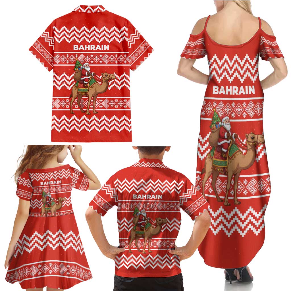 Bahrain Christmas Family Matching Summer Maxi Dress and Hawaiian Shirt with Santa Riding Camel Red Geometric Pattern and Festive Design - Wonder Print Shop