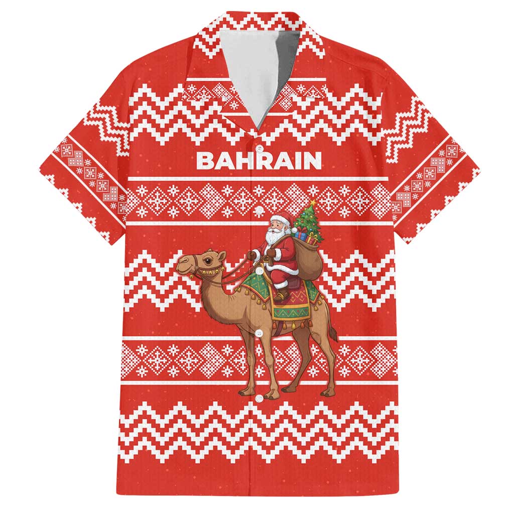 Bahrain Christmas Family Matching Summer Maxi Dress and Hawaiian Shirt with Santa Riding Camel Red Geometric Pattern and Festive Design - Wonder Print Shop