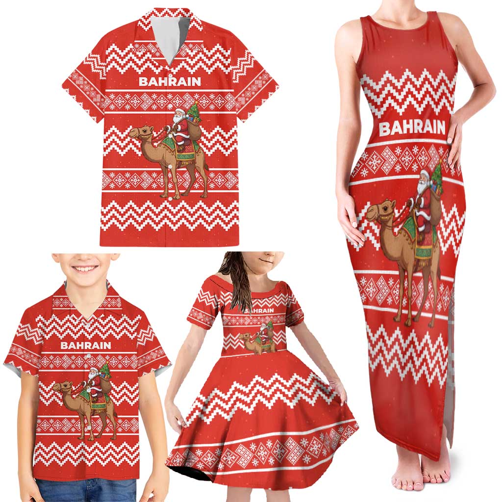 Bahrain Christmas Family Matching Tank Maxi Dress and Hawaiian Shirt with Santa Riding Camel Red Geometric Pattern and Festive Design - Wonder Print Shop