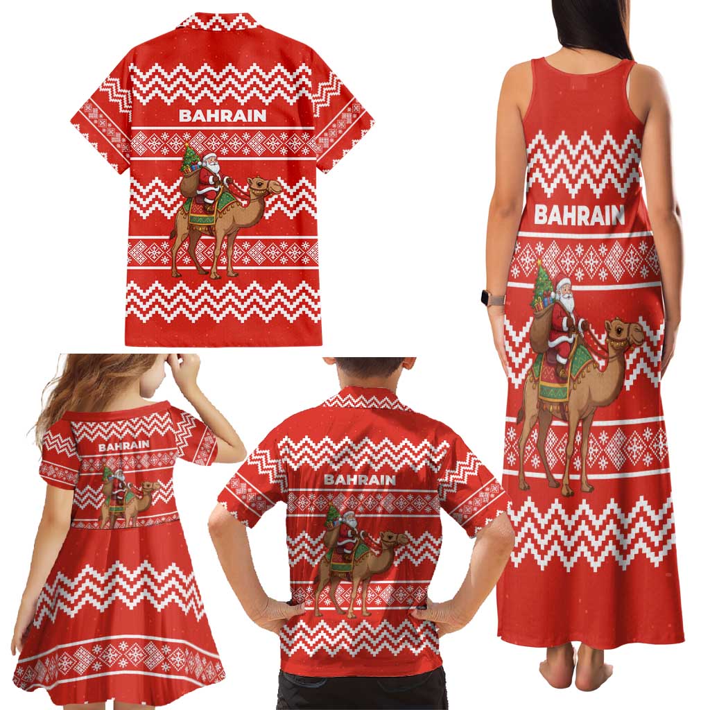 Bahrain Christmas Family Matching Tank Maxi Dress and Hawaiian Shirt with Santa Riding Camel Red Geometric Pattern and Festive Design - Wonder Print Shop