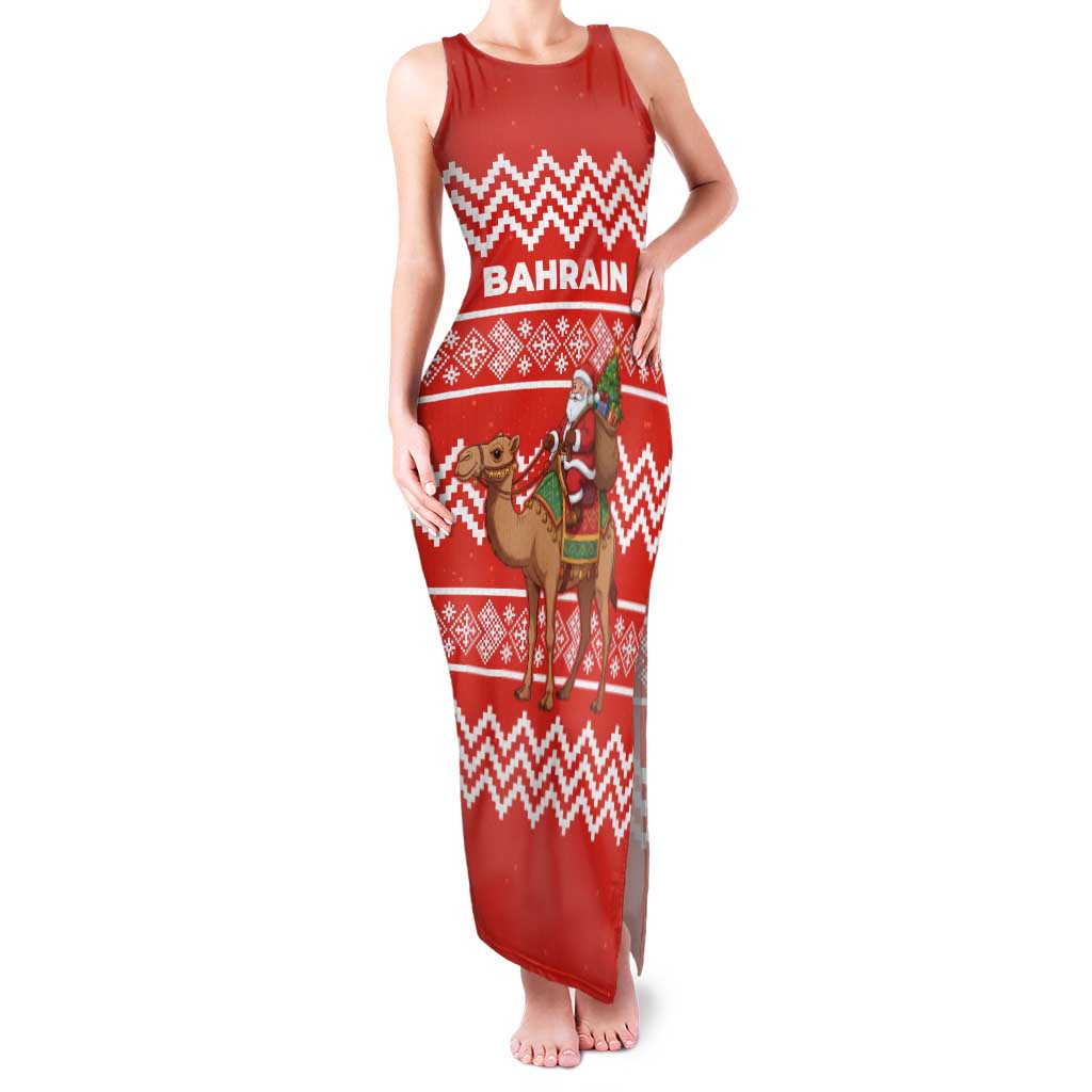 Bahrain Christmas Family Matching Tank Maxi Dress and Hawaiian Shirt with Santa Riding Camel Red Geometric Pattern and Festive Design - Wonder Print Shop