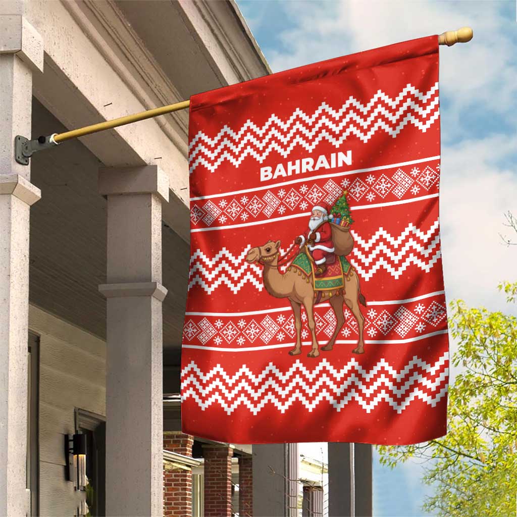 Bahrain Christmas Garden Flag with Santa Riding Camel Red Geometric Pattern and Festive Design - Wonder Print Shop