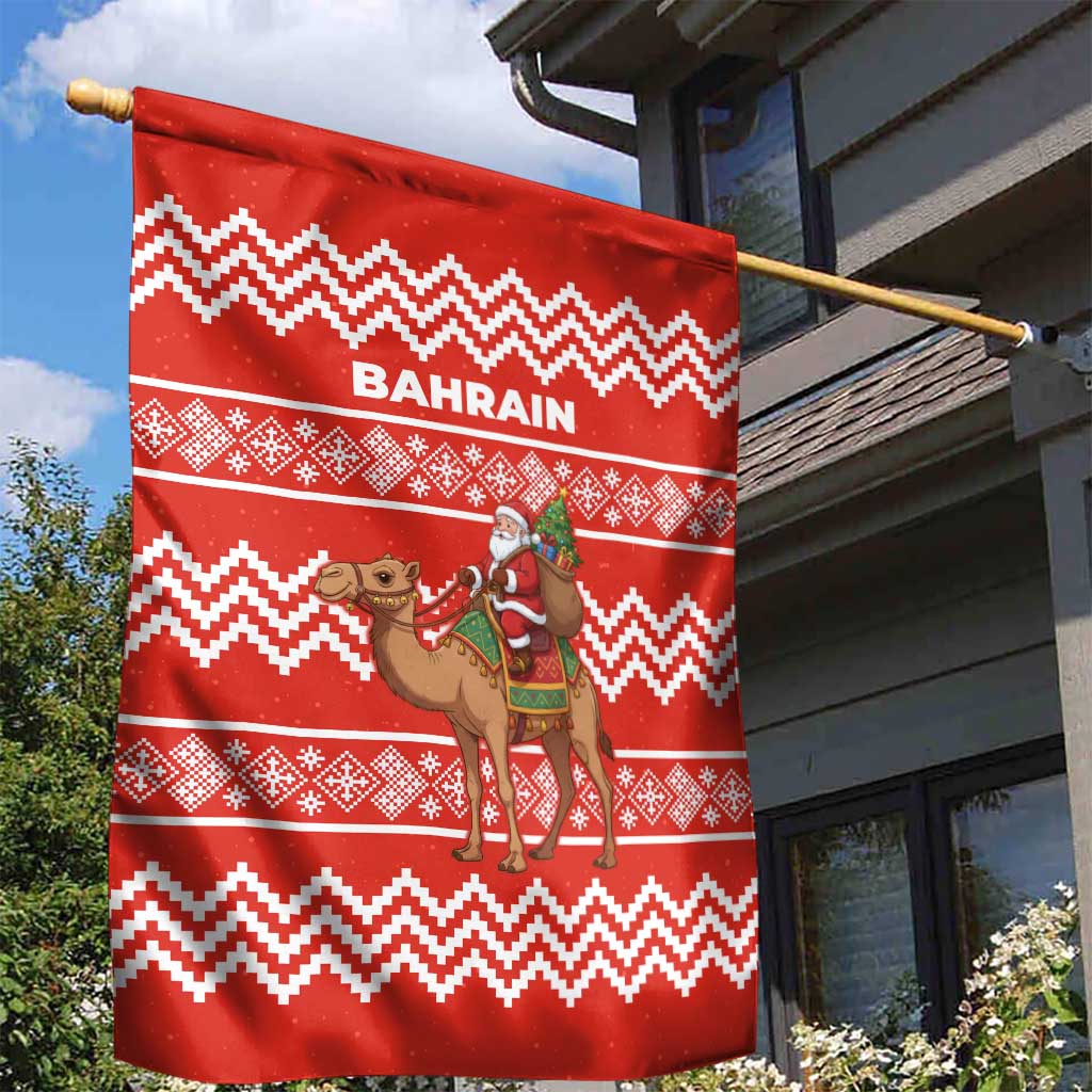 Bahrain Christmas Garden Flag with Santa Riding Camel Red Geometric Pattern and Festive Design - Wonder Print Shop