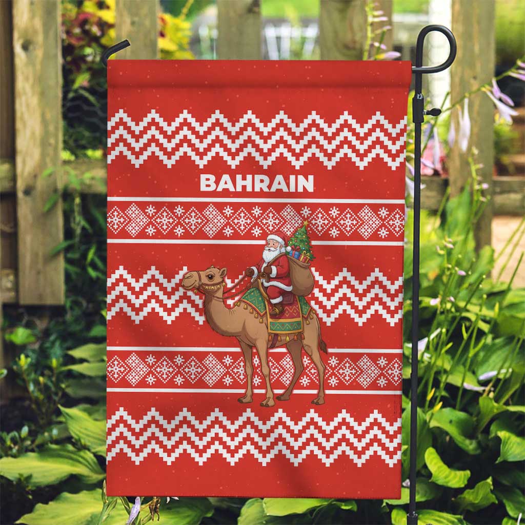Bahrain Christmas Garden Flag with Santa Riding Camel Red Geometric Pattern and Festive Design - Wonder Print Shop