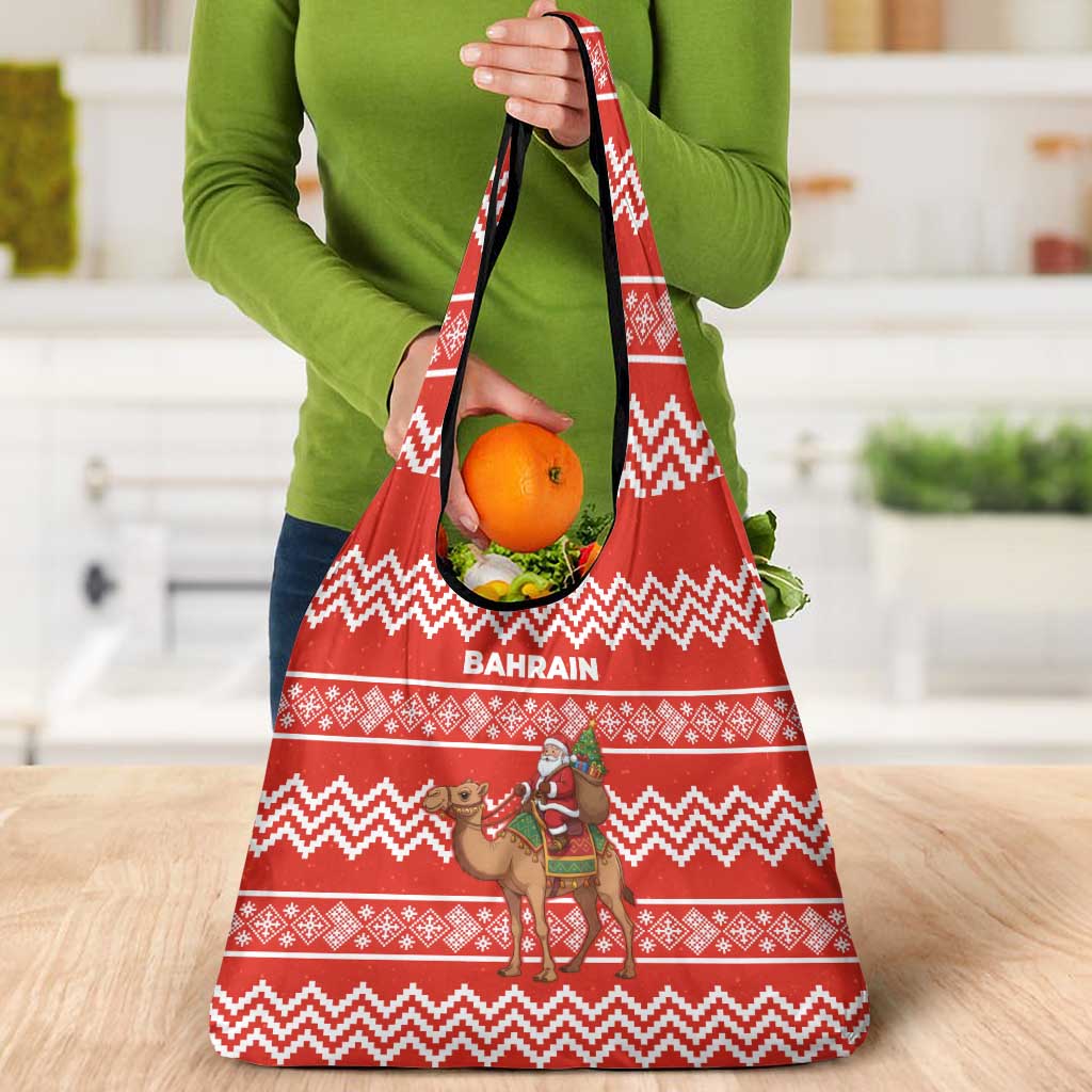Bahrain Christmas Grocery Bag with Santa Riding Camel Red Geometric Pattern and Festive Design - Wonder Print Shop